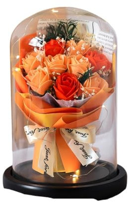 CH HIUBIE Campana in vetro con rose stabilizzate, regalo romantico per te, personalizzabile, con illuminazione, biglietto di auguri (regalo per diverse occasioni) (9 rose arancioni)