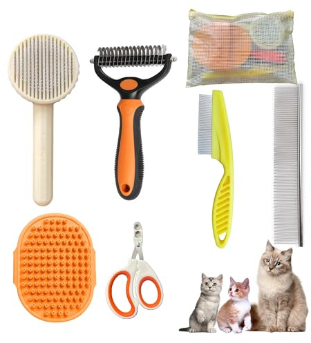 POSAPET Cat Grooming Brush Kit 6 Tools - Deshedding & Dematting for Long/Short Hair, Self-Cleaning Slicker Brush with 6-in-1 Flea Comb for Cats & Kittens (Orange)