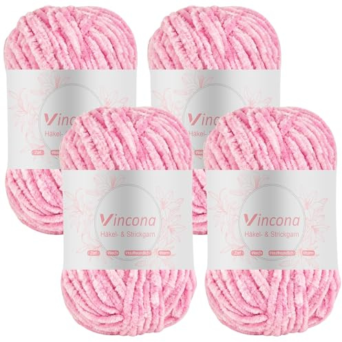 Vincona Fil chenille 4 x 100 g laine à tricoter - Doux laine crochet, chenille fil pour crochet tricot - 100% polyester - 4 x 120 m Super Soft Chunky Yarn - Aiguilles n° 5-6 Rose clair
