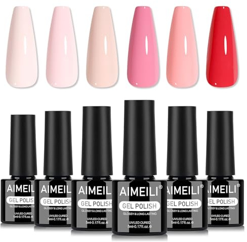 AIMEILI UV Nagellack Set Rosa 6 Stück Pastell Rosa Hellrosa UV LED Soak Off Color Gel Set French Manicure 5ml Nail Art Nageldesign Kit 6-81