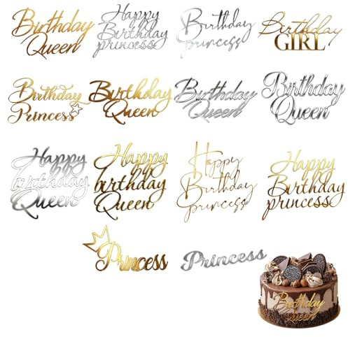 14 Stück Tortendeko Prinzessin Queen,Cake Topper Happy Birthday Acryl Prinzessin Queen Deko Geburtstag Kuchen Toppers Acrylic Tortenaufleger Set Torten Topp Mädchen Princess Geburtstagsdeko für Torte