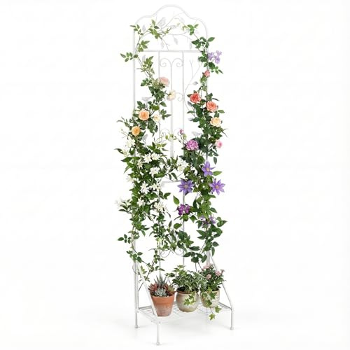 GYMAX Traliccio per Rampicanti in Metallo con Ripiano Pieghevole, Grigliato da Giardino per Recinzione 189,5 x 50 cm, Graticcio Decorativo per Piante Rampicanti per Giardino, Cortile (Bianco,1)