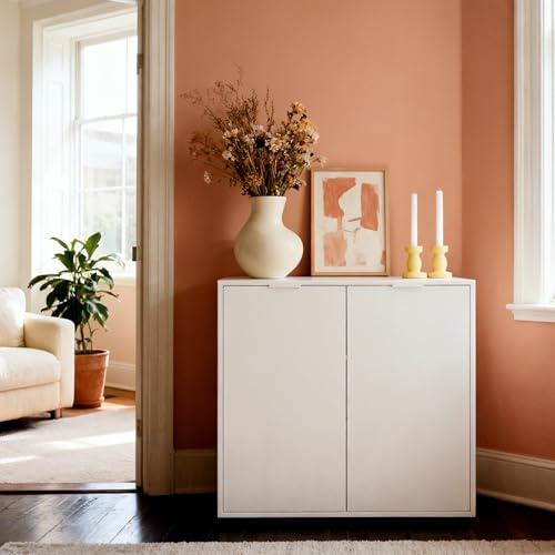 pamo Kommode mit Türen Sideboard Weiß – 92 x 88 cm | Aufbewahrungsschrank mit Soft-Close & 2 Regalböden – Schlafzimmer Flur Wohnzimmer