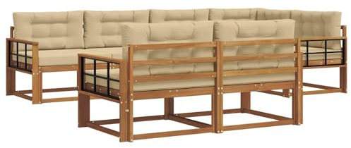 vidaXL Outdoor-Sofagarnitur mit Kissen 7 pcs Natur und Beige, Sofa-Set aus Akazienholz, wetterfeste modulare Gartenmöbel, Outdoor Lounge, Flexibles Sectional-Sitzarrangement