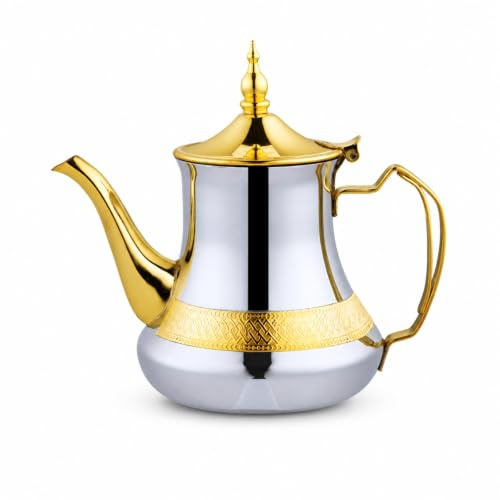 YWMJZEU Tetera Metal con s Dorados Metálica Tetera Árabe Plateada Jarra Árabe para Invitados, Coleccionistas, 24OZ/0.7L, Plateado Y Dorado Con Patrón