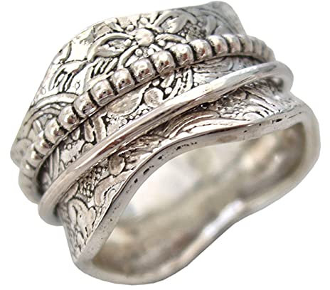 Energy Stone ARTE ARTIGIANA Etched Floral Sterling Silver Meditation Spinner Ring (Style UK17)