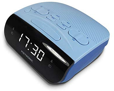 Metronic 477033 Radio Réveil Double Alarmes Tuner AM/FM et Fonctions Sleep/Snooze, Piles de Sauvegarde de l'heure, mémoire 10 AM + 10 FM - Gris Bleu
