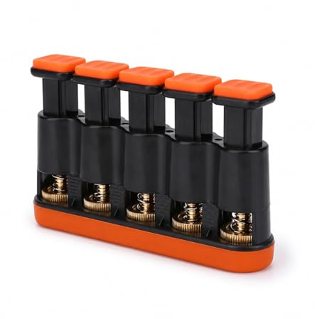 Fingertrainer 5 Tasten, einstellbar 3-8.5 lbs, Orange | Handtrainingsgerät für Gitarre & Trompete, Silikon Griff, Kupferfeder, rutschfest, kompakt, ideal für unterwegs