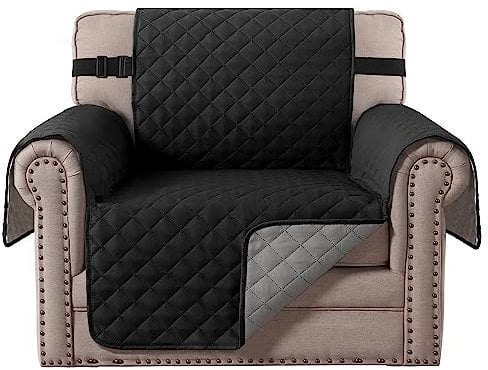 BellaHills Reversible Chair Covers Water Repellent Sofa Cover 1 Seater Sofa Slipcover from Pets Sofa Covers for Cats Checked Pattern Thick Quilted with Elastic Strap (Chair, Black/Grey)