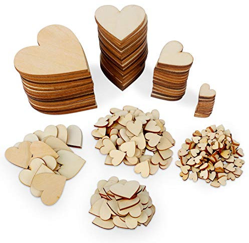 Dadabig 600 Stück Herz Holz Scheiben, Holzscheiben Streudeko unlackiert Holzherzen Verzierungen Naturholzscheiben zum basteln für DIY Hochzeit Party Geschenke Geburtztag Dekorationen (1/2/3/4 cm)