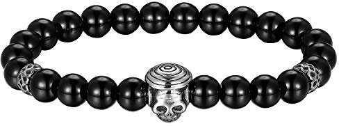 Flongo Herren Armband Männer Armreif aus Glas Kugel Edelstahl Armband Armkette Link Handgelenk Silber Schwarz Totenkopf Schädel Rosenkranz Perle Perlen Punk Biker