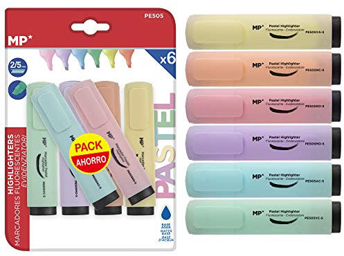 MP - PACK 6, Highlighters, Chisel Tip Markers, Textliners, Pastel Colours, Set of 6 Highlighters, Office Supplies, School Supplies, Assorted Colours, Tip 2-5mm, 11.2cm Length.