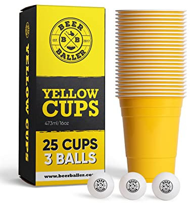BeerBaller® Yellow Cups - 25 gelbe Beer Pong Becher & 3 Bier Pong Bälle | spülmaschinenfest & wiederverwendbar | 473ml - 16oz Partybecher | Bierpong Becher Set | Original American Beerpongbecher