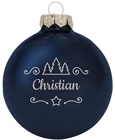 Deitert Weihnachtskugel mit Namen oder Wunschtext graviert, Ø 8cm, personalisierte Christbaumkugel aus Glas (glänzend), individueller Weihnachtsbaumschmuck mit Gravur, Tannen-Motiv, Blau