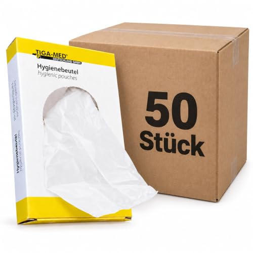 TIGA-MED Hygienpåsar för sanitetsshorts & tamponger | HDPE hård polyeten | 30 påsar per låda | Lukt- och vätsketät | Säker och diskret bortskaffande i badrummet (50 lådor = 1 500 påsar)