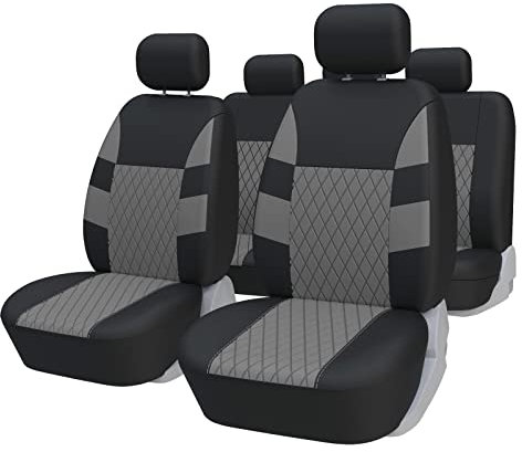 TOYOUN Car Seat Covers Full Set, Universal Seat Covers for 5 Car Seater Front Bucket Seat Covers and 50-50 or 60-40 Rear Split Bench Back Seat Covers Auto Seat Covers Set,Gray