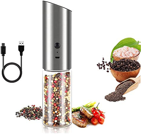 Molinillo de pimienta eléctrico por gravedad, grinder elettrico,molinillo de sal y pimienta eléctrico, recargable por USB, especias con luz LED, mecanismo de cerámica ajustable grano grueso (1)