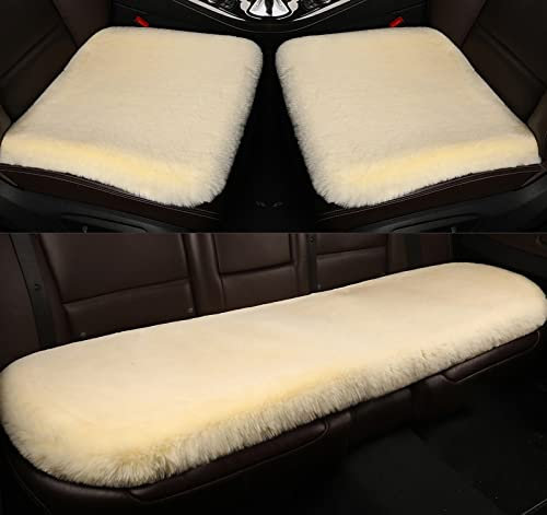 TROYSINC Autositzbezug, Faux Fell Universal Auto Sitzkissen Vordersitz Rücksitz Autositzkissen Abdeckung Set, Dicken Plüsch Auto Sitzauflage (Beige)