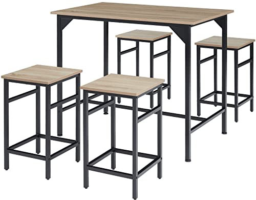 TecTake® Mesa Alta de Bar con 4 Taburetes, Mueble de Cocina Estilo Industrial, Diseño Comedor y Mesa Cocina, Muebles de Salon, Taburete - 100 x 124 x 88,5 cm Madera Industrial Clara, Roble Sonoma