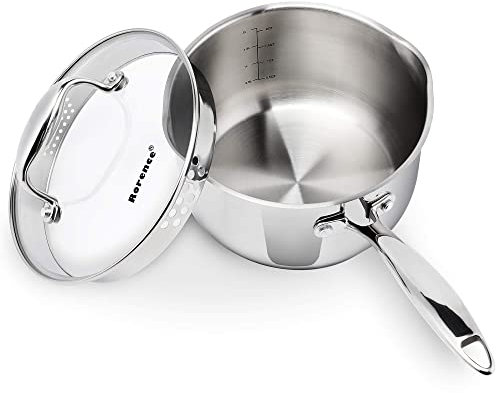 Rorence Stainless Steel Sauce pan: Saucepan with Pour Spouts, Capsule Bottom & Tempered Glass Lid - 2.5 Quart