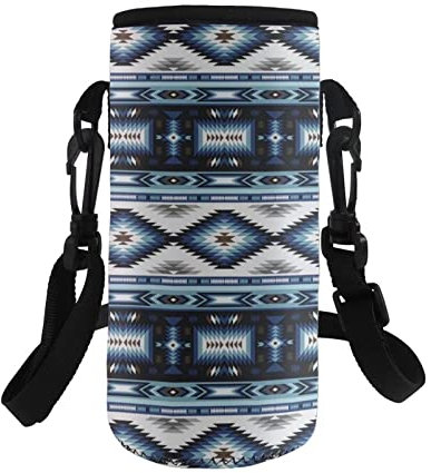 COEQINE Insulated Neoprene Water Bottle Holder Case Design Tribal Aztec Blue Pattern,for Stainless Steel/Plastic Bottles,Adult Kids Hiking Walking School Bottle Carrier Bag,Adjustable Shoulder Strap