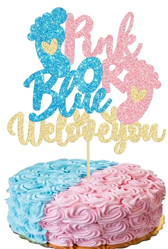 Gyufise 1 Pack Glitter Pink or Blue We Love You Cake Topper with Footprint Gender Reveal Cake Decorations for Baby Shower Gender Reveal Theme Kids Boys Girls Birthday Party Decoration Supplies