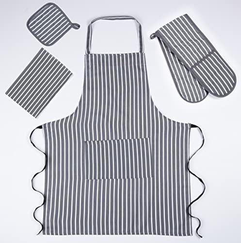 Double Oven Gloves Set with Apron Heat Resistant Oven Mitts for Home Kitchen Baking and Cooking, Butchers Stripe Pot Pan Tray Double Oven Gloves Set (Grey)