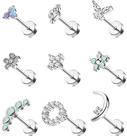 Morfetto 16G Knorpel Ohrstecker für Frauen 316L Edelstahl Schraube Flache Rückseite Ohrringe Schmetterling Mond Blume Opal Knorpel Tragus Daith Helix Piercing Ohrringe