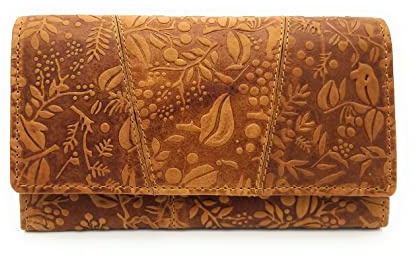 Lemasi echt Leder Damen Geldbörse Portemonnaie floral geprägt mit RFID/NFC Schutz (Cognac)