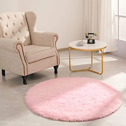 VOFUSHON Schlafzimmer Shaggy Plüsch runden Teppich Bunte Batik Faux Flauschiger Samt Moderne Innenteppiche Lange Haare Fell Optik Gemütliches Bettvorleger Sofa Matte Carpet(Rosa,120 x 120 cm)