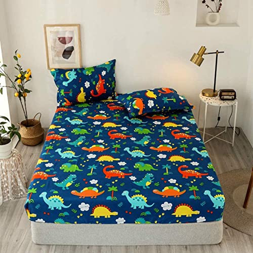 Lanqinglv Spannbettlaken 140x200 cm Kinder Jungen Blau Dinosaurier Muster Matratzenschoner Spannbetttuch aus Mikrofaser - Bettlaken Spannbettlaken für Boxspringbett,Matratze bis 30 cm höhe