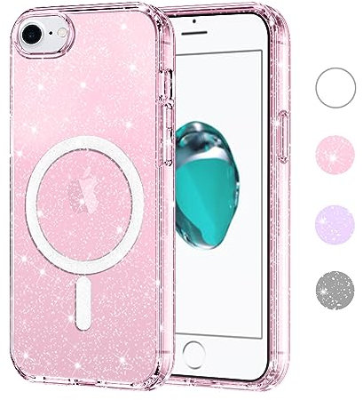 Yoedge Trasparente Glitter Cover Magnetica per iPhone 8/7/ SE 2022/ SE 2020 4,7, Custodia Bling Brilla Compatibile con MagSafe Magnetico Ricarica Wireless, TPU Hard PC Rosa Case per iPhone SE 3