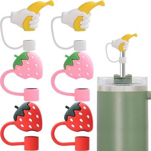 Stanley Strohhalm-Abdeckkappen für Stanley Cup, kompatibel mit Stanley Tumbler, wiederverwendbar, Silikon, staubdicht, Strohhalm-Spitzen für Stanley Krug, Trinkhalme, Stopfen, Erdbeer-Banane, 6 Stück