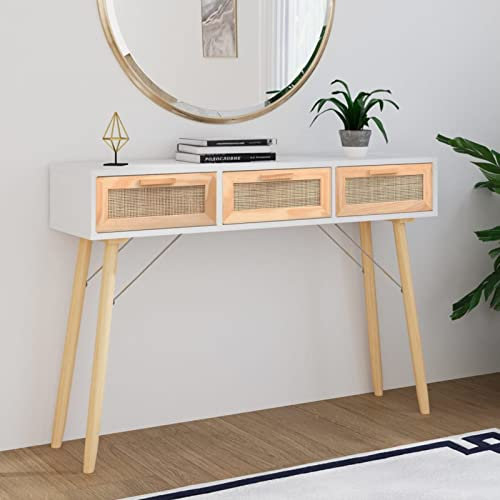 ADWOA Konsolentisch Weiß 105x30x75 cm Massivholz Kiefer Natur-Rattan Konsolentisch Vintage