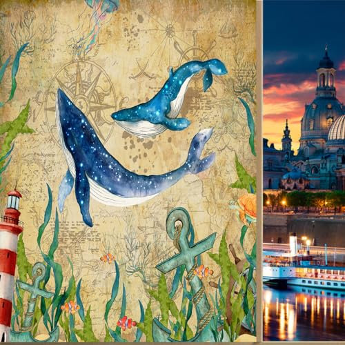 COALHO Fensterfolie, Motiv: Wal, UV-blockierend, Vintage-Stil, maritim, Quallen, Seestern, Leuchtturm, Anker, Fensterschutz, statisch, dekorative Fensteraufkleber, 45 x 60 cm, 1 Stück