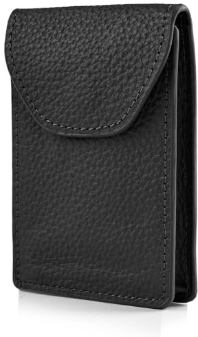 1965 Étui pour cartes en cuir pour homme, pour billets, cartes de crédit et cartes de visite - Espace pour 15 cartes - Fermeture magnétique - Avec boîte cadeau en métal - Cuir véritable noir de