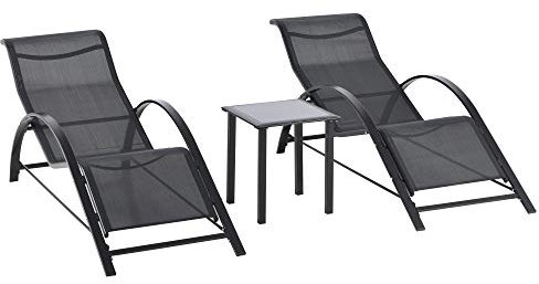 Outsunny Gartenliege Set Metall Mesh 3-TLG. Sonnenliege mit Teetisch Gartengarnitur mit 2 Sonnenliegen, 1 Beistelltisch Gartensitzgruppe für Garten, Balkon 59B x 169T x 66H cm Schwarz