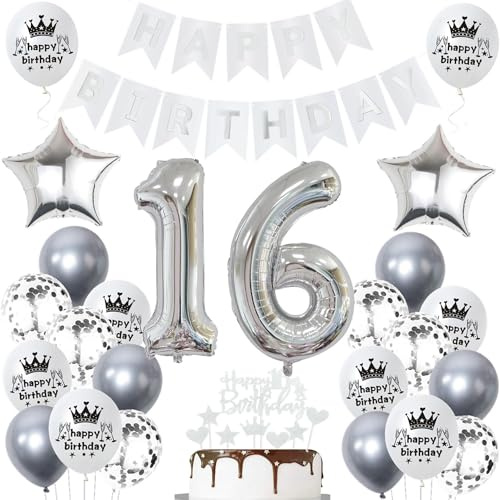 Ohaoduo Deko Geburtstag Mädchen Silber Tortendeko Jungen und Mädchen 16 Jahre Junge Ballon