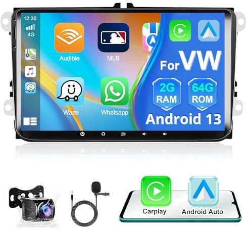 2+64G Autoradio Android per VW Passat B6 Golf V VI 5 6 Polo 9 Pollici CarPlay Android Auto Touchscreen con Bluetooth WiFi/GPS/Hifi/RDS/USB/FM/SWC/RCA+AHD Telecamera Retrovisiva