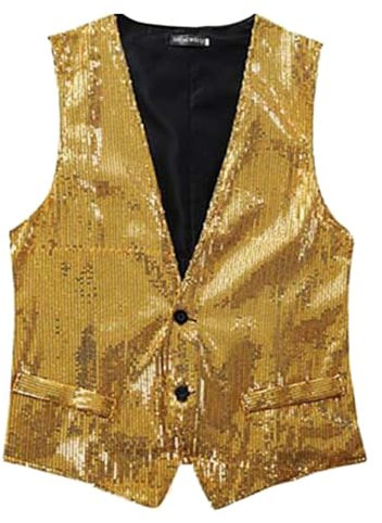 Herren Pailletten Anzug Weste V-Ausschnitt Ärmellos 70er Glitzer Mantel Disco Karneval Kostüm Rave Outfit Paillettenweste Glänzend Gilet Anzugweste