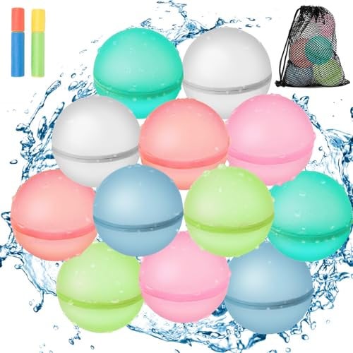 MQVXT Bomba d'acqua riutilizzabili,12 PCS Bomba d'Acqua in Silicone,Palloncini d'Acqua Riempimento Rapido per Bambini e Adulti per Parchi Acquatici, Feste, Piscine, Giochi in Famiglia