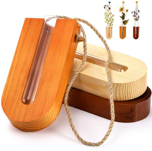 Tlence Paquete de 3 macetas de pared de madera para interiores, jarrón de pared de flores colgantes bohemias de 6 pulgadas, tubo de vidrio con soporte de madera, estación de propagación para plantas