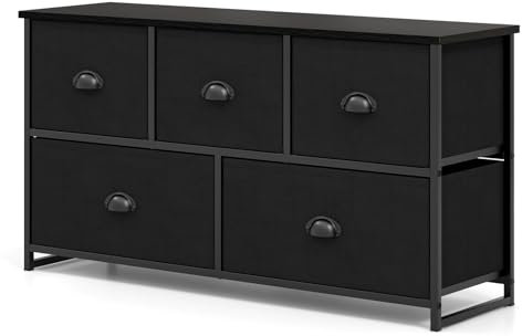 COSTWAY Chest of Drawers, Fabric 5-Drawer Dresser Cabinet with Wooden Top, Metal Frame Drawers Storage Organizer Unit for Bedroom, Living Room, Closet and Hallway (Black)