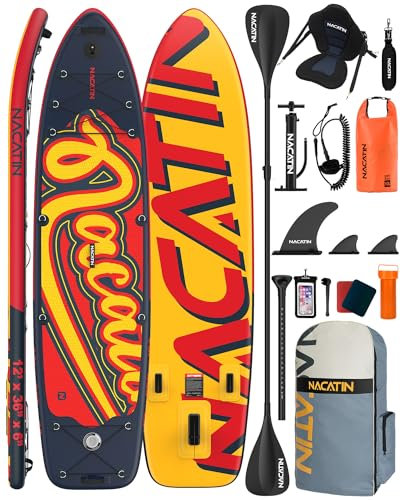 Paddle Boards für die Familie, 12' Aufblasbares Stand-Up-Paddle-Board mit Kayak-Umbausatz, Komplettes SUP-Set Paddle Boards für Erwachsene, mit Einzel-/Doppelpaddel, Kajaksitz und weiterem Zubehör