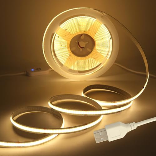 GAOUK DC5V COB LED Light Strip USB Touch Dimmer Switch, 320 LEDs/m Flexible Super Bright FCOB LED Under Cabinet Light CRI90+, Indoor Home DIY Lighting [1m, Warm White 3000K]