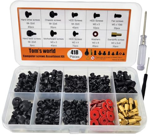 Tom's world 418Pieces Computer Screws Assortment Set Standoffs Screws for Motherboard, HDD,SSD,Cooling Fan,ATX Case,Chassis,Laptop Case Repair