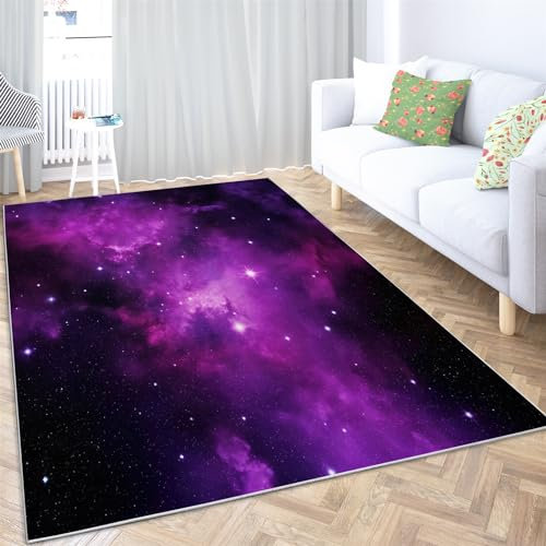 Lila Waschbarer Teppich 180 x 240 cm Läufer, Sternenhimmel Sterne Galaxie Kurzflor Teppich for Kinderzimmer Schlafzimmer Esszimmer - Weich rutschfest Läufer Wohnzimmer Büro Küchenteppich