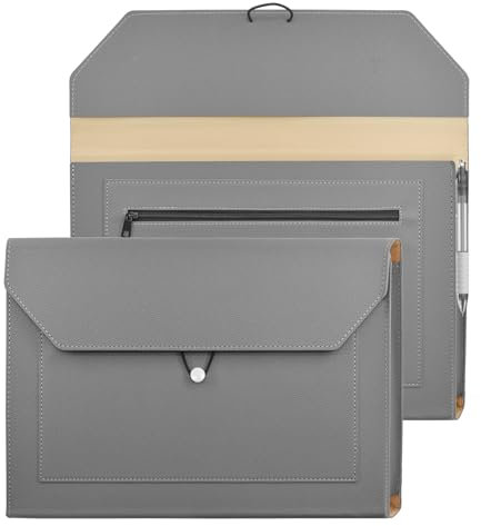 VANRA Porte-documents extensible en cuir synthétique avec 2 poches, organiseur de documents avec cordon élastique pour papier format A4 (gris)