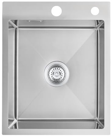 KEOKBON Fregadero de cocina de acero inoxidable, 45 x 50 cm, 1 lavabo a partir de 40, fregaderos de cocina de acero inoxidable, montaje en parte superior con orificio de rebosadero