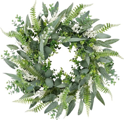 Eukalyptuskranz, 51 cm, Farn-Eukalyptus-Kranz für Haustür mit Buchsbaum für alle Jahreszeiten, Frühlings-, Sommer-, Jahres-Kränze für Haustür, Innen- und Außenbereich, Hochzeit